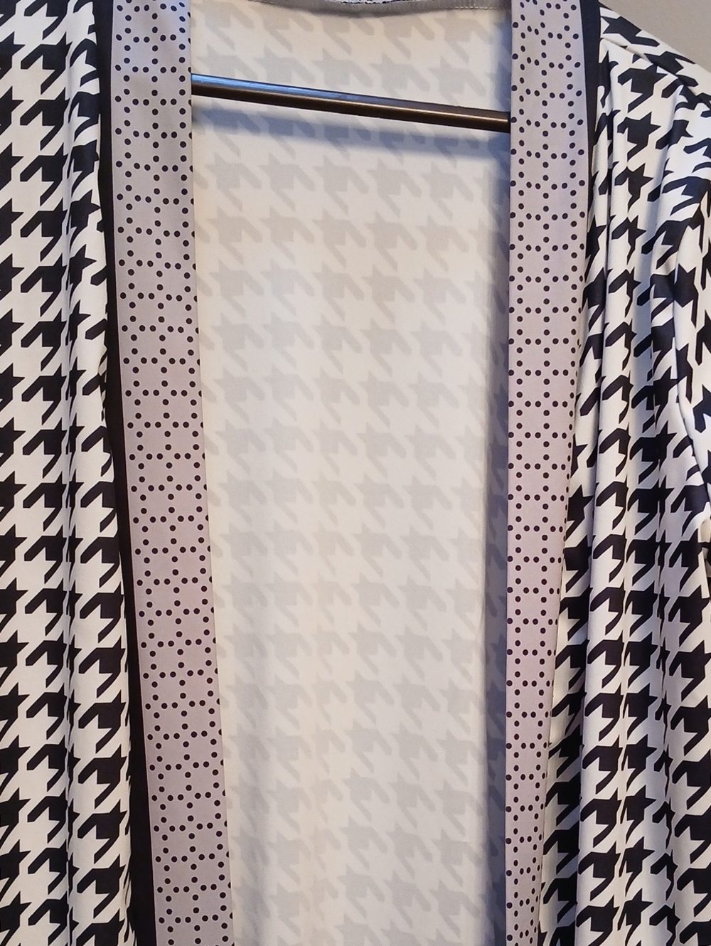 Black & White Houndstooth Open Cardigan with Polka Dot Trim